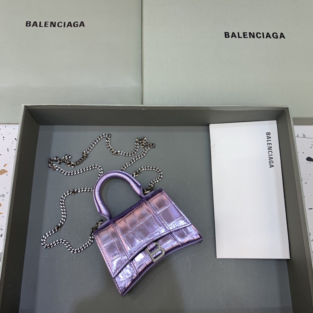 Balenciaga Hourglass Mini Handbag With Chain Crocodile Embossed Shoulder Bag Light Purple